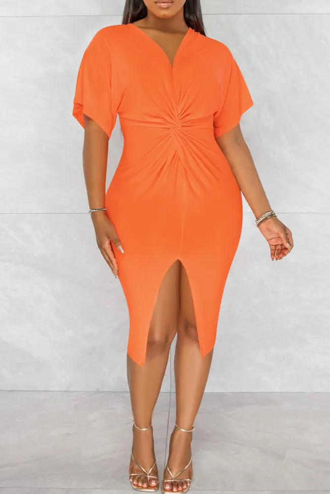 Sexy Short Sleeves V Neck Bodycon Solid Slit Patchwork Party Dress
