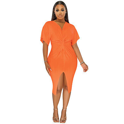 Sexy Short Sleeves V Neck Bodycon Solid Slit Patchwork Party Dress