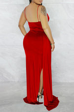 Hot Girl Solid Color Pleated Slim Slit Sling Maxi Dress