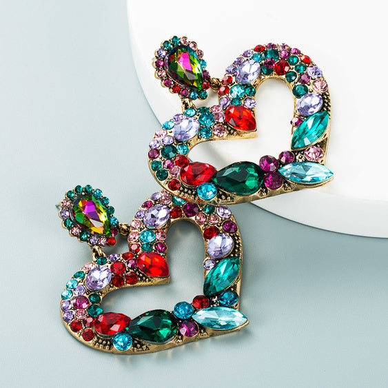 COLORED HEART-SHAPED RHINESTONE EARRINGS