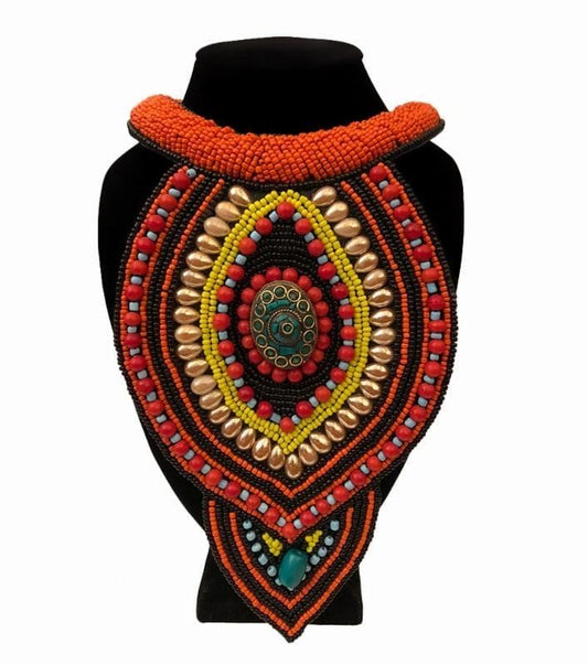 BLACK AND RED BEADED BIB NECKLACE SET