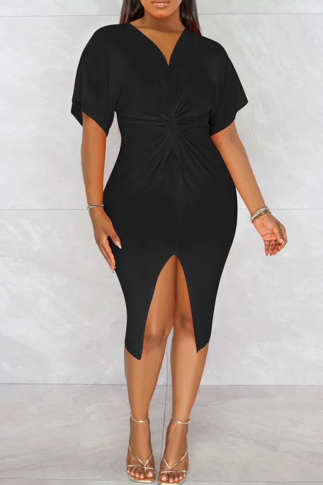 Sexy Short Sleeves V Neck Bodycon Solid Slit Patchwork Party Dress