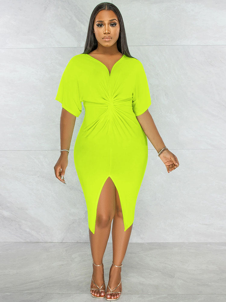 Sexy Short Sleeves V Neck Bodycon Solid Slit Patchwork Party Dress