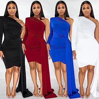 Yes Queen One Shoulder High Low Asymmetrical Hem Dress Long Sleeve Ruched Sexy Bodycon Party Mini Dress