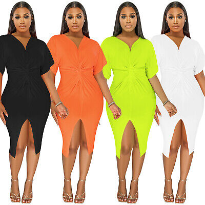 Sexy Short Sleeves V Neck Bodycon Solid Slit Patchwork Party Dress