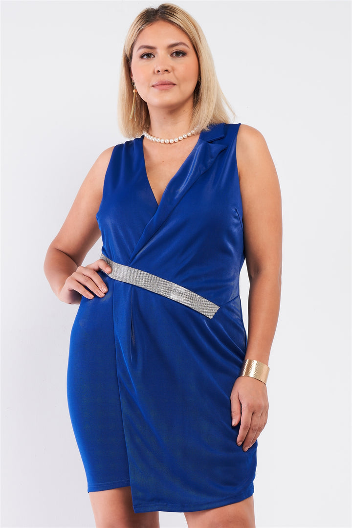 Beautiful Sexy Sleeveless V-neck Asymmetrical Wrap Rhinestones Detail Fitted Mini Blazer Dress