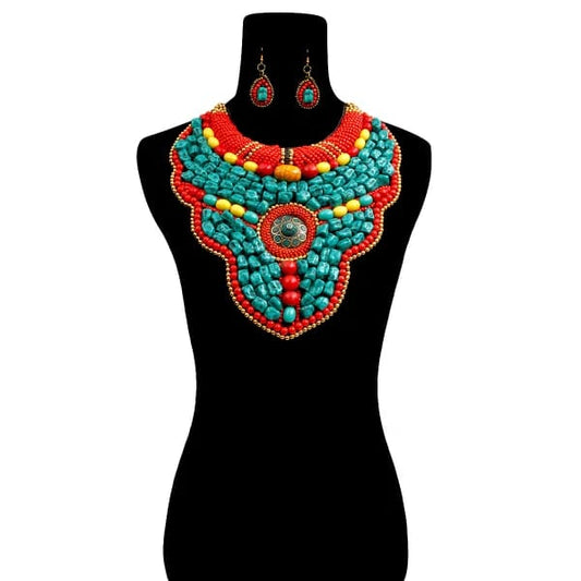 TURQUOISE AND MULTI COLOR STONE BEAD RAISED COLLAR BIB NECKLACE SET